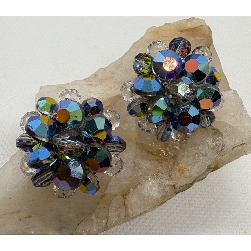 Vintage 1950s Aurora Borealis Rainbow Crystal‎ Bead Cluster Clip-On Earrings